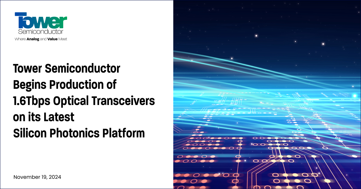 Tower Semiconductor Begins Production of 1.6Tbps Optical Transceivers on its Latest Silicon Photonics Platform