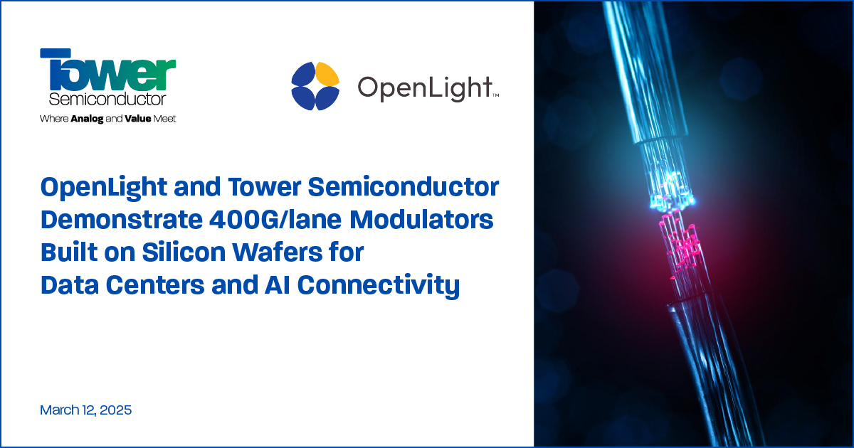 OpenLight and Tower Semiconductor Demonstrate 400G/lane Modulators Built on Silicon Photonic Wafers for Data Centers and AI Optical Connectivity