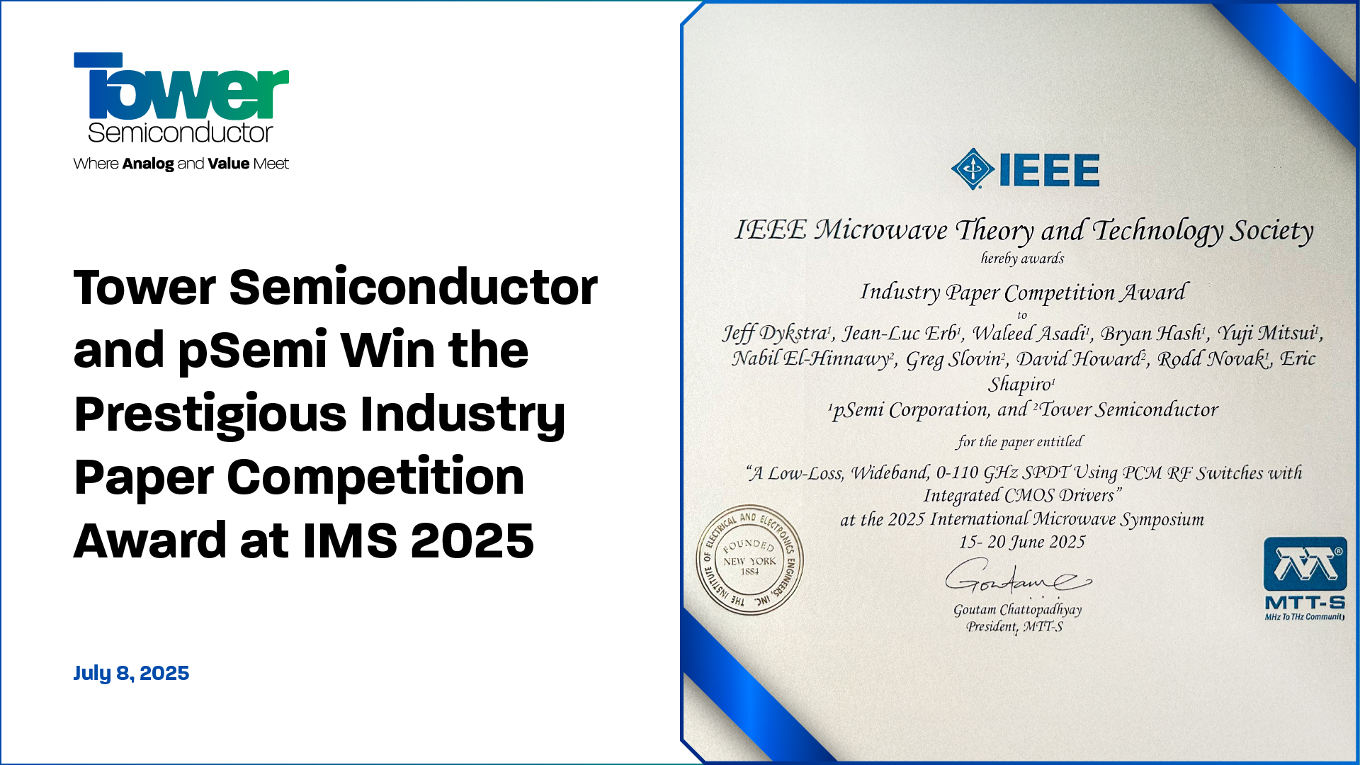 Tower Semiconductor and pSemi Win the Prestigious Industry Paper Competition Award at IMS 2025