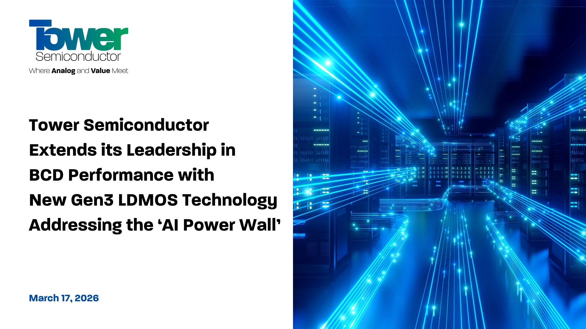 Tower Semiconductor Extends its Leadership in BCD Performance with New Gen3 LDMOS Technology Addressing the ‘AI Power Wall’
